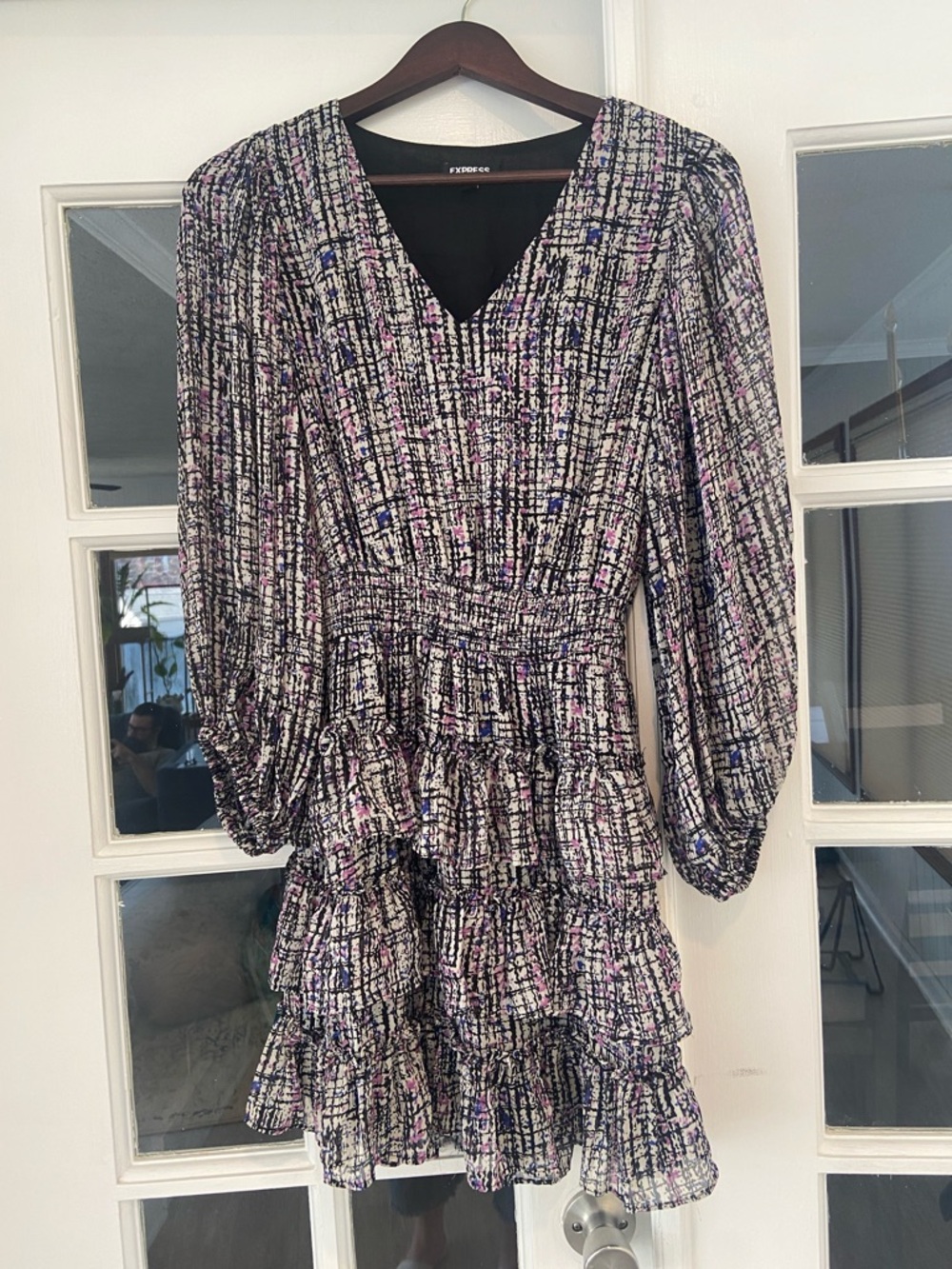 Express V-Neck Long Sleeve Tiered Ruffle Smocked Waist Mini Dress